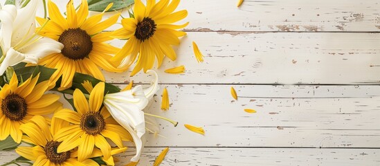 Fototapete - Sunflowers and lilies against a white wooden backdrop offering a copy space image for messages