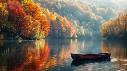 Poster - Serene autumn lake scene with colorful trees reflecting on water and a solitary wooden boat, perfect for nature and peaceful landscape photography.