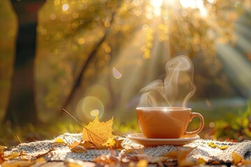 Poster - Steaming coffee cup on autumn leaf-covered blanket with golden sunlight filtering through fall trees in cozy outdoor setting.