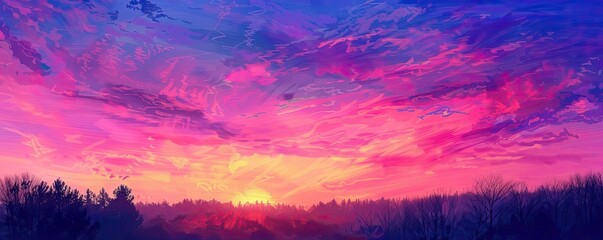 Poster - Stunning sunset over a forest with vibrant pink, purple, and blue colors painting the sky, creating a tranquil and breathtaking scene.
