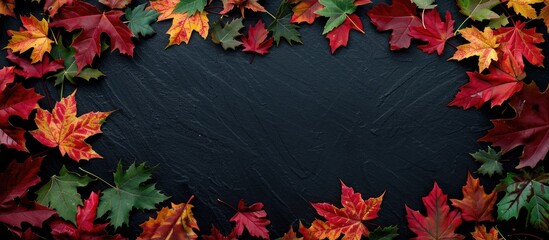 Poster - Autumn themed top view flat lay with red green and yellow leaves forming a frame on a black background for fall invitation cards emphasizing copy space image