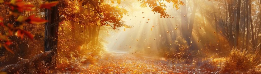 Poster - Beautiful autumn forest pathway illuminated by golden sunlight, with vibrant fall foliage and serene atmosphere, perfect for seasonal backgrounds.