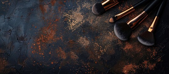 Poster - Makeup brushes and tools on a dark textured backdrop with powder and eyeshadow offering a copy space image and a touch of shine