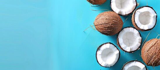 Wall Mural - A flat lay setup displaying fresh coconut halves on a blue background with room available for text in the image. with copy space image. Place for adding text or design