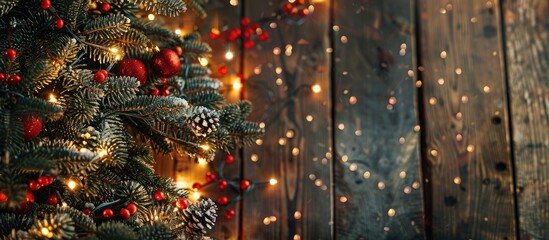 Poster - Festive Christmas card with a decorated tree twinkling lights on a wooden background Perfect for New Year greetings Offers copy space for text Happy Holidays
