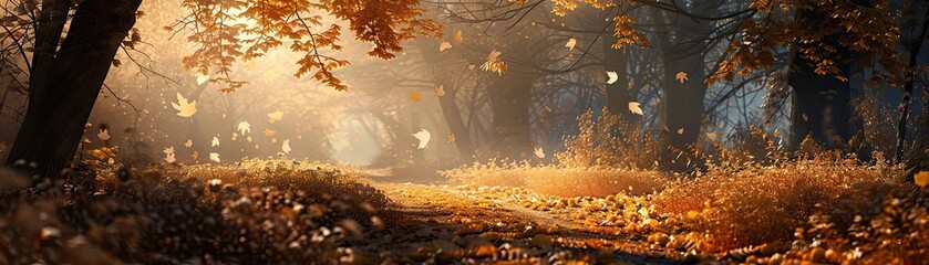 Poster - Serene autumn forest pathway bathed in golden sunlight with falling leaves creating a magical and tranquil atmosphere.