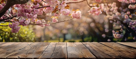 Aufkleber - Rustic wooden table positioned in front of a blossoming cherry tree ideal for product display or a picnic with space for images. with copy space image. Place for adding text or design