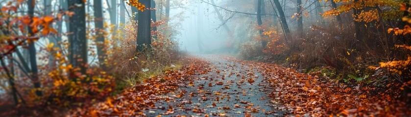 Aufkleber - A misty forest path covered in colorful autumn leaves, surrounded by tall trees with vibrant fall foliage in a serene, tranquil setting.