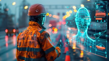 Workers communicate with AI. Road workers wear work clothes. with helmet and safety equipment standing at road construction site
