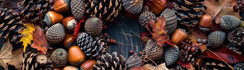 Aufkleber - Top view of autumn composition with pinecones, acorns, and colorful leaves arranged on a rustic wooden background.