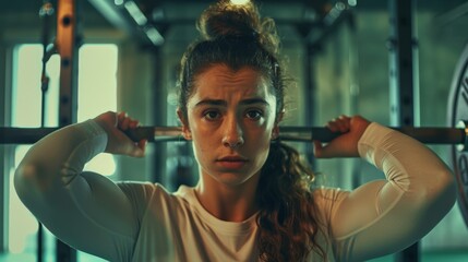 Wall Mural - A weightlifting session in a gym, where a woman lifts a barbell above her head, highlighting strength and empowerment.