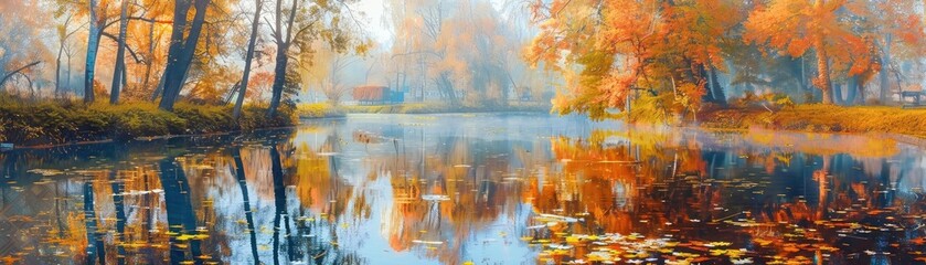 Poster - Beautiful autumn landscape with colorful trees reflecting in a calm lake, creating a serene and picturesque scene in the countryside.