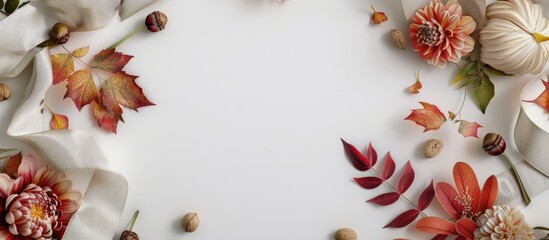 Poster - Autumn themed card mockup featuring leaves flowers a ribbon and nuts on a white background ideal for various invitation designs and projects incorporating a generous copy space image
