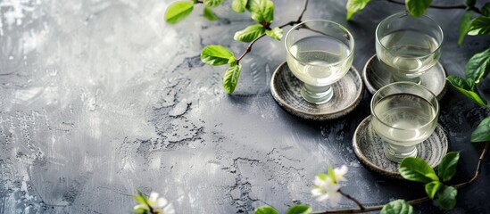 Aufkleber - Light concrete background with copy space image showcasing traditional Korean alcohol drink Soju