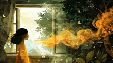 Wall Mural - A girl is looking out of a window at a tree with smoke coming out of it