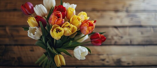 Wall Mural - Tulip bouquet displayed on a wooden backdrop with a copy space image