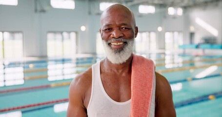 Poster - Pool, smile and portrait of elderly man, strong and happy for learning in class of swimming and gym. Training, healthy and fitness for old person in retirement, joy and exercise with water for cardio