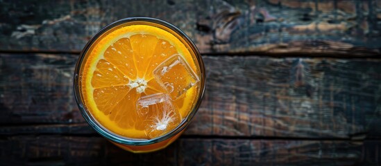 Aufkleber - Top view of a cool glass of orange juice with ice on a dark wooden surface featuring ample space for additional elements in the image