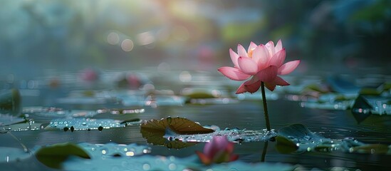 Leinwandbilder - The Lotus flower with long stem and lush petals known for its beauty typically grows in serene settings like ponds creating a serene and peaceful ambiance ideal for photographs with copy space image