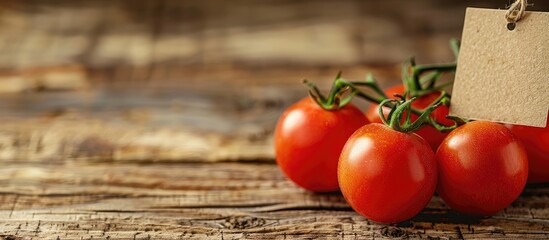 Aufkleber - Tomato vegetable with price tag displayed on a wooden background in a copy space image