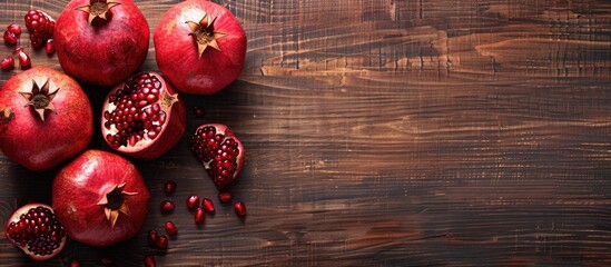 Poster - A flat lay display with fresh pomegranates and room for text on a wooden surface. with copy space image. Place for adding text or design