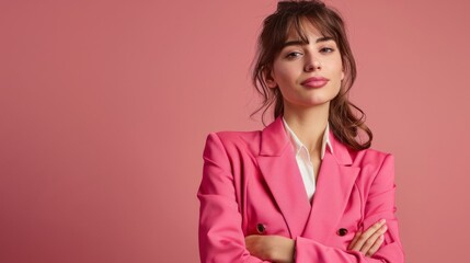 professional looking business woman posing confidently in a bright pink blazer against a pink backgr