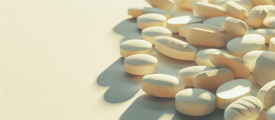 Wall Mural - Numerous pills arranged neatly on a table with copy space image