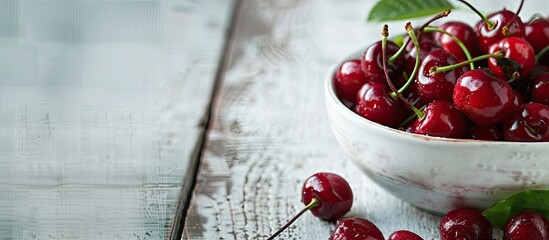 Wall Mural - Close up of a bowl filled with ripe sweet cherries on a white wooden table with copy space image available