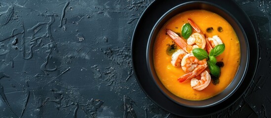 Aufkleber - Shrimp and cream top a pumpkin or carrot soup bowl on a black backdrop in a flat lay style with copy space for custom text or design