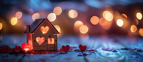 Poster - Valentine s Day themed toy house with illuminated windows on a background featuring a space for additional image or text