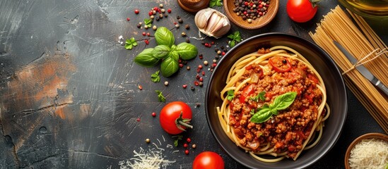 Poster - Savory minced beef and tomato sauce spaghetti Bolognaise Bolognese displayed on an office table for a health food concept with available copy space image