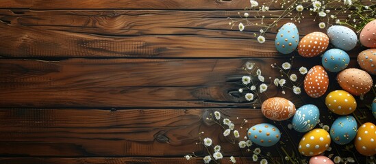 Canvas Print - Wooden background with Easter eggs creating a festive look with ample copy space image