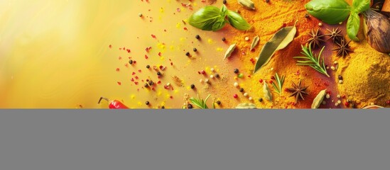 Leinwandbilder - Fresh spices and herbs arranged artistically on a colorful background with copy space image