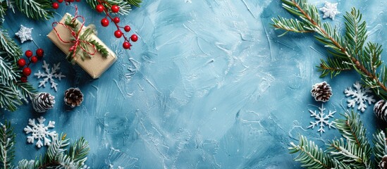 Poster - Christmas themed arrangement with a gift frame snowflakes fir tree branches and red berries on a soft blue backdrop Ideal for Christmas winter and New Year s themes Flatlay with top view and copy spa