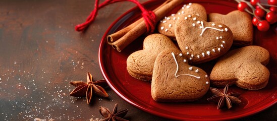 Poster - Heart shaped gingerbread cookies with cinnamon sticks and anise stars arranged on a red plate creating a festive copy space image