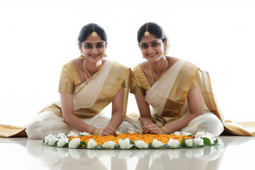 Wall Mural - Happy women wearing traditional dress making colourful arrangement with flowers while celebrating Onam festival