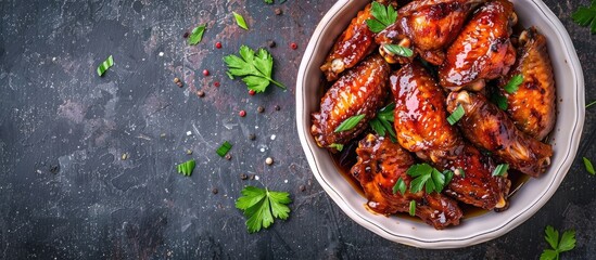 Aufkleber - Top view of Asian style baked chicken wings on a baking dish with copy space image