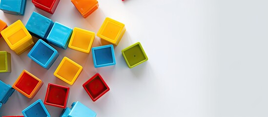 Poster - Colorful plastic blocks placed on a white surface seen from above with room for text or graphics in the image. with copy space image. Place for adding text or design
