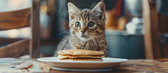 Fototapete - Pancakes showcasing artistic cat images with space for text or logos in the image. with copy space image. Place for adding text or design
