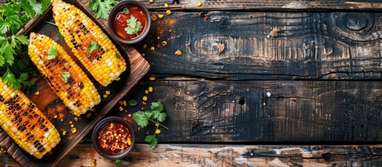 Aufkleber - Top view of Mexican grilled corn cobs with sauce and coriander on rustic wooden backdrop emphasizing healthy vegetables Perfect for copy space image