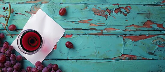 Poster - A colorful image capturing a glass of red wine grapes and paper on a turquoise wooden background ideal for a tasting invitation with available space for text. with copy space image