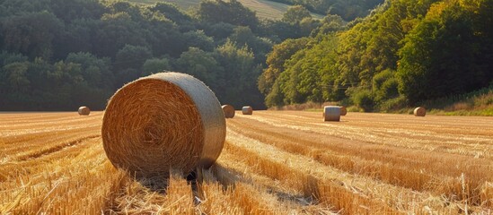 Poster - A stubble field with straw bales after the harvest perfect for a copy space image