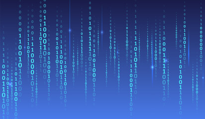 Poster - Computer background of numbers. Flying data illustration. Analytics, sorting, structuring, transferring information. Blue background with data flow. Binary code, artificial intelligence. Program code.