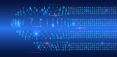Poster - Analytics, sorting, structuring, transferring information. Blue background with data flow. Binary code, artificial intelligence. Program code. Computer background of numbers. Flying data illustration.