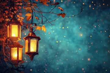 enchanting autumn night scene with glowing lanterns hanging from branches, illuminating a dreamy sta