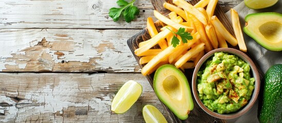 Aufkleber - White wooden table set up with a serving board holding French fries guacamole dip and avocado providing ample copy space for an image