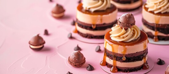 Aufkleber - Patisserie concept with delectable caramel and chocolate cakes adorned with mascarpone on a pink backdrop for a copy space image