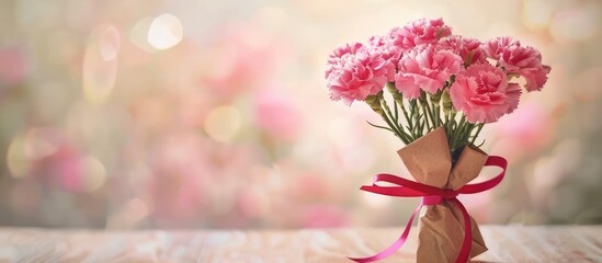 Aufkleber - Mother s Day photography concept with a beautiful arrangement of blooming carnations tied with a bow and a kraft text card on a bright modern table with empty space for personalized images