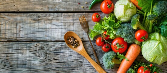 Aufkleber - Eat healthy concept showcased with fresh organic vegetables a fork and a spoon on a wooden surface featuring copy space image