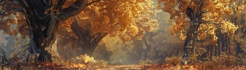 Poster - Enchanting autumn forest with golden leaves, serene path, and misty background, capturing the essence of fall beauty and tranquility.